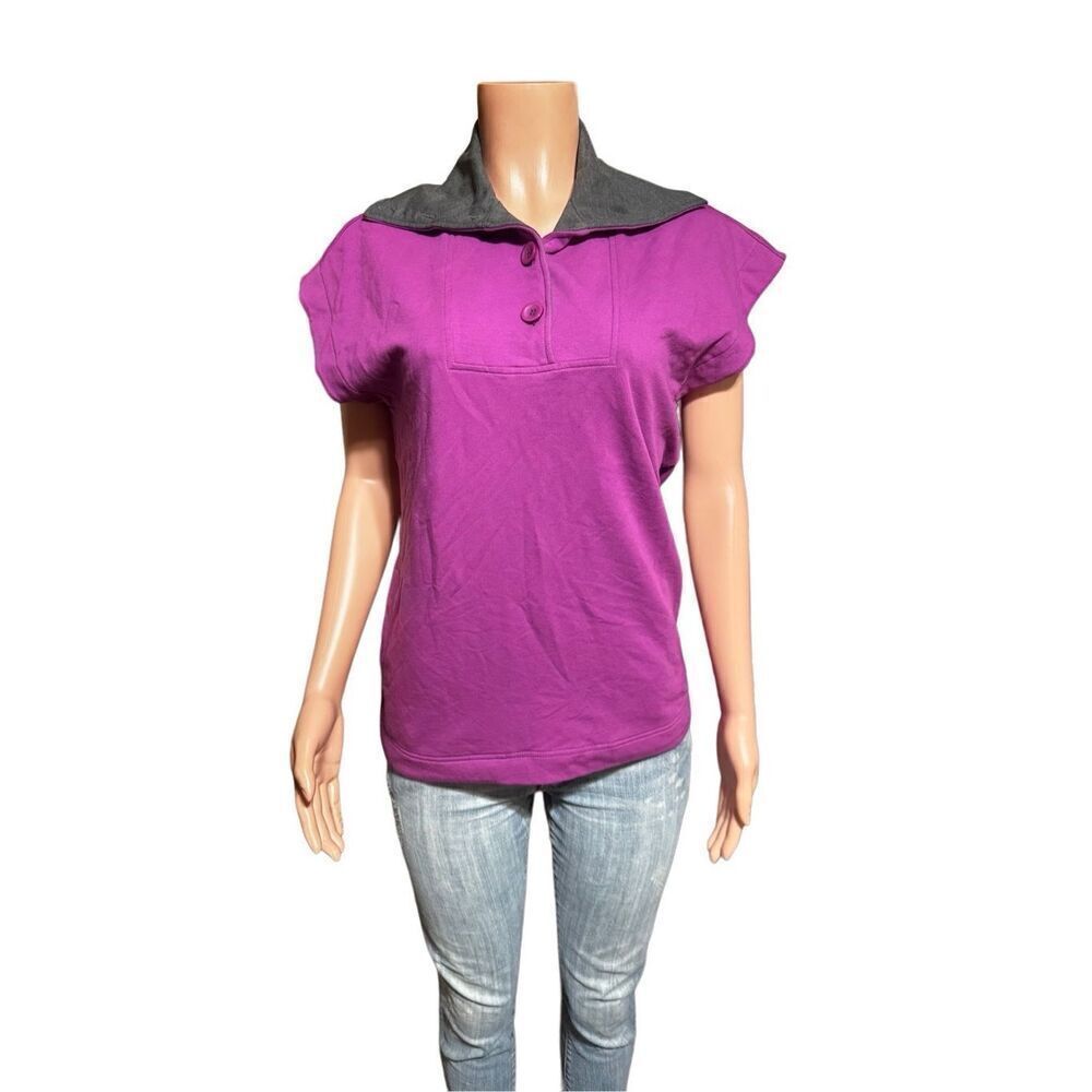 Women's short sleeve Henley mock neck button front sweater tee L